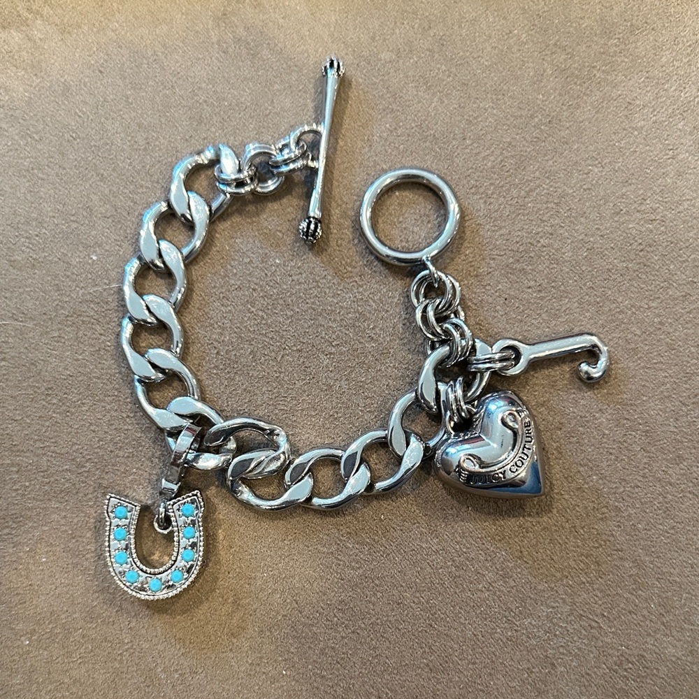 Juicy Couture Silver Charm Bracelet with heart and horseshoe, Turquoise Accents